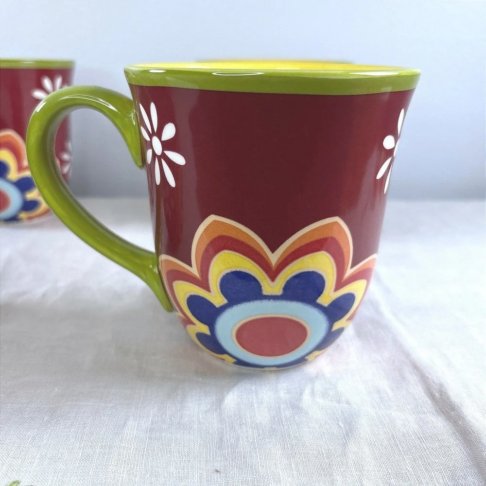 Pier 1 Mexicali Ironstone Mugs Set of 6 Burgundy Floral Boho Coffee Cups